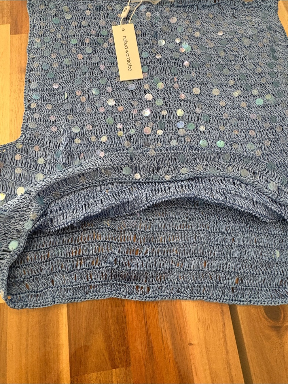 NWT Naked Wardrobe Sz XL Blue Sequin Crocheted Boat Neck See Through Crop Top - Picture 7 of 10